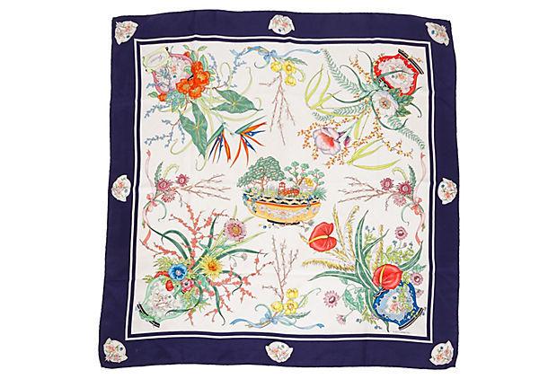 Authentic Gucci Floral Navy Accornero Silk Scarf: This item qualifies for FREE DOMESTIC SHIPPING to customers in the USA Condition: Very Good; minor wear small snag Era: Vintage Dimensions: 34" L x 34" W Materials: silk twill Color: navy/ivory Gucci