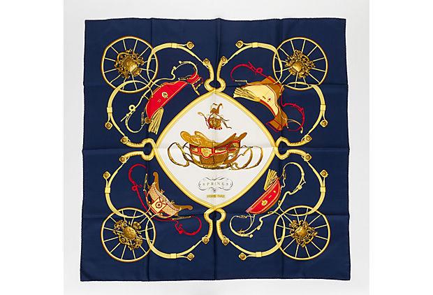 Authentic Hermes Blue Silk Springs Scarf by Ledoux: This item qualifies for FREE DOMESTIC SHIPPING to customers in the USA Condition: Excellent Era: Contemporary; 2000s Dimensions: 35" L x 35" W Materials: silk Color: blue white red gold HermÃ¨s silk