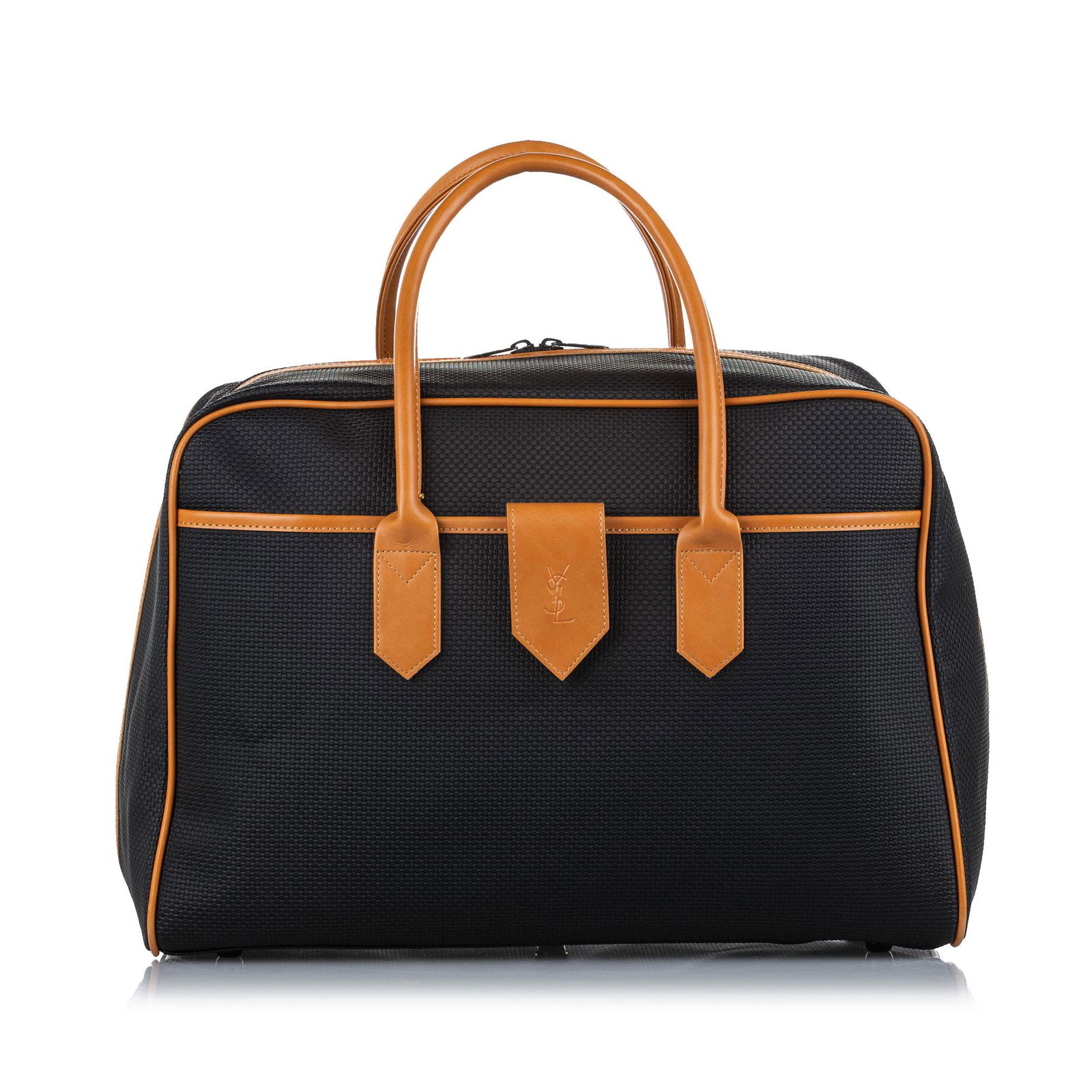 Authentic YSL Weave Travel Bag: This item qualifies for FREE DOMESTIC SHIPPING to customers in the USA This bag features a PVC body with leather trim an exterior front pocket rolled leather handles and a top zip closure. Brand: YSL
