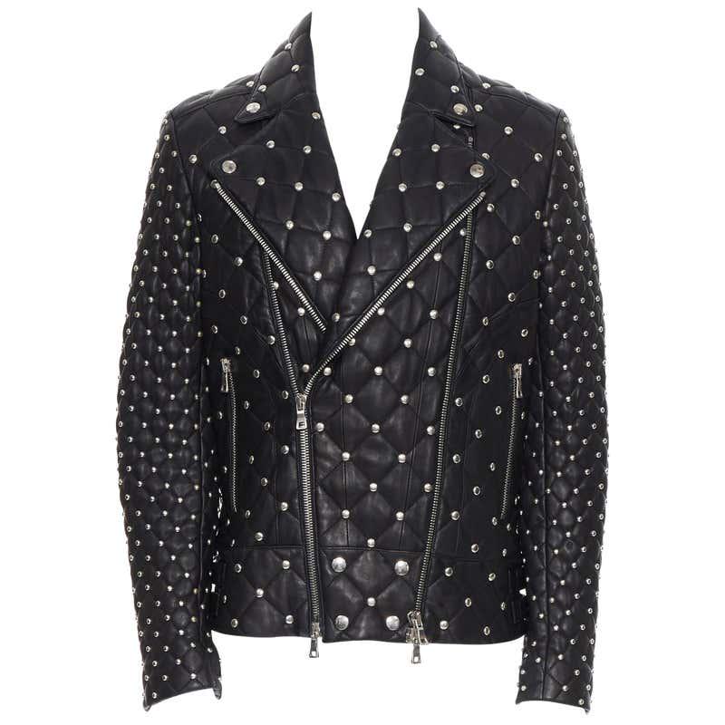 Authentic new BALMAIN black lambskin silver studded: This item qualifies for FREE DOMESTIC SHIPPING to customers in the USA new BALMAIN black lambskin silver studded diamond quilted biker jacket EU50 L Brand: Balmain Designer: Olivier Rousteing Model Na