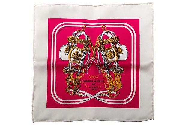 Authentic Hermes Brides De Gala Mini Silk Scarf 8": This item qualifies for FREE DOMESTIC SHIPPING to customers in the USA Condition: New Era: Contemporary; 2000s Dimensions: 8" L x 8" W Materials: silk Color: white fuchsia Hermes mini silk twill scarf