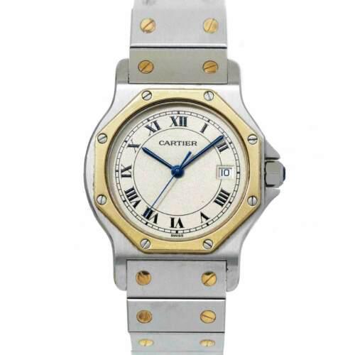 Authentic Cartier Santos Octagon Quartz Date K18 YG: This item qualifies for FREE DOMESTIC SHIPPING to customers in the USA Brand: Cartier Casesize Width: 29Mm(Not Included Crown) Movement: Quartz Casesize Depth: 6.5Mm Material: Stainless Steel750 Yello