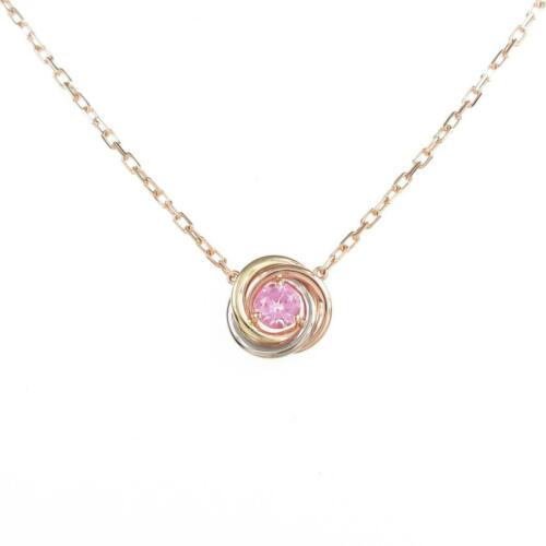 Authentic Cartier Trinity necklace: This item qualifies for FREE DOMESTIC SHIPPING to customers in the USA Brand: Cartier Accessories: With Box. With Warranty Card Material: 750 Three Color Actualsize: : 8.6Mm Gender: Ladies Centerstone