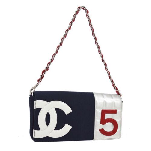 Authentic CHANEL Choco Bar No.5 Chain Hand Bag: This item qualifies for FREE DOMESTIC SHIPPING to customers in the USA Size: Medium Color: Navy Silver Red White Accents: Quilted MPN: Does Not Apply Model: Single Chain Hand Bag Closure: Flap Magneti
