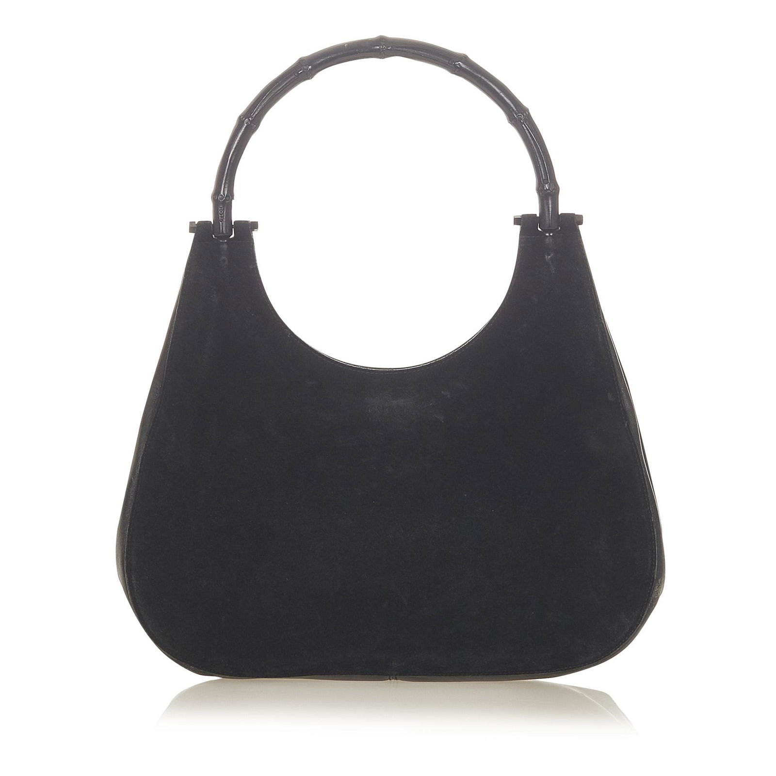 Authentic Gucci Bamboo Suede Leather Handbag: This item qualifies for FREE DOMESTIC SHIPPING to customers in the USA This handbag features a suede body with calf leather trim a bamboo top handle an open top with magnetic closure and an interior z