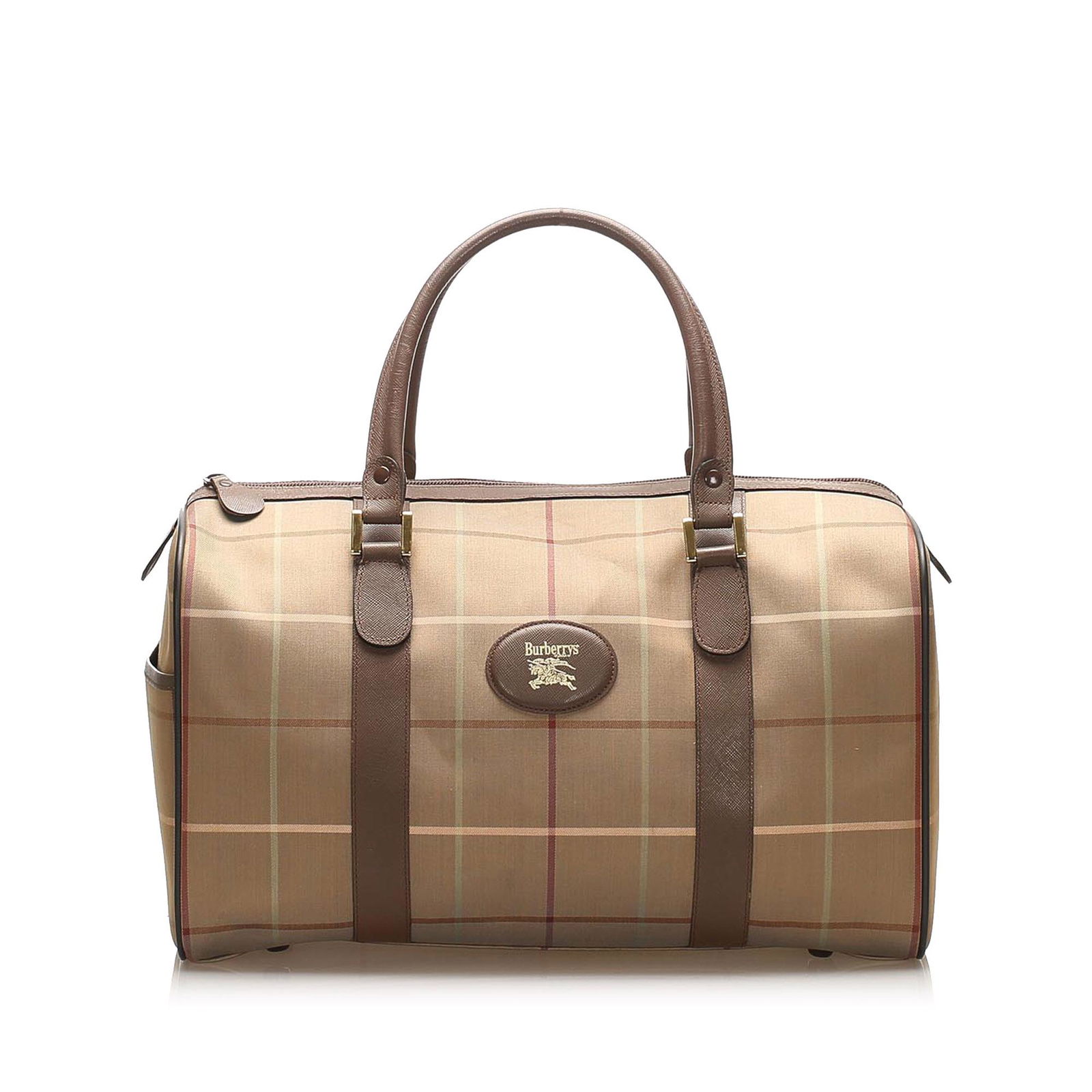 Authentic Burberry Plaid Canvas Boston Bag: This item qualifies for FREE DOMESTIC SHIPPING to customers in the USA This boston bag features a canvas body with leather trim an exterior side slip pocket rolled leather handles and a top zip closur