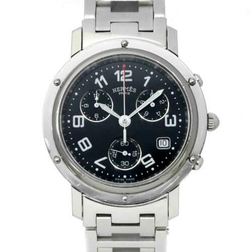 Authentic HERMES Clipper Chronograph CL1.910 Date Black: This item qualifies for FREE DOMESTIC SHIPPING to customers in the USA Brand: Hermes Casesize Length: 46Mm(Included Lag) Refnumber: Cl1.910 Casesize Width: 38Mm(Not Included Crown) Movement: Quartz Ca