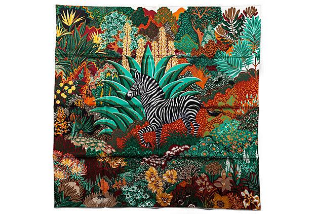 Authentic Hermes BNIB Tropical Zebra Silk Scarf: This item qualifies for FREE DOMESTIC SHIPPING to customers in the USA Condition: New Era: Contemporary; 2000s Dimensions: 35" L x 35" W Materials: silk Color: green black orange HermÃ¨s collectible