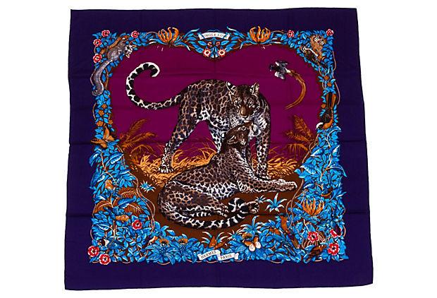 Authentic Hermes Blue Jungle Love Cashmere Shawl: This item qualifies for FREE DOMESTIC SHIPPING to customers in the USA Condition: New Era: Contemporary; 2000s Dimensions: 54" L x 54" H Materials: cashmere/silk Color: blue New HermÃ¨s oversize 54"