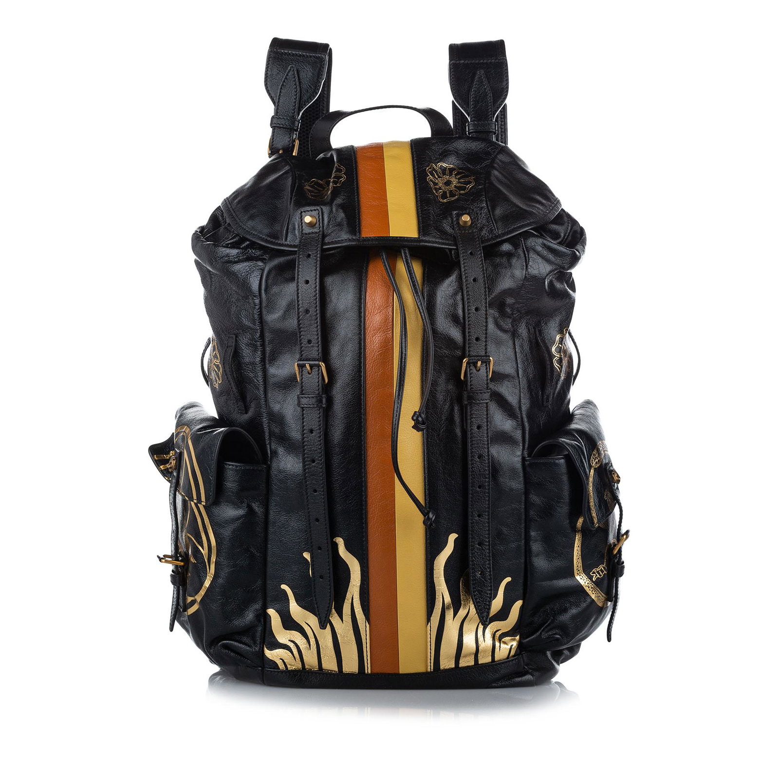 Authentic Gucci Printed Leather Backpack: This item qualifies for FREE DOMESTIC SHIPPING to customers in the USA This backpack features a printed leather body flat back straps a top flap with buckle closures side exterior flap pockets with a 
