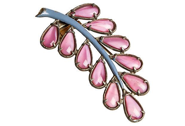 Authentic Trifari Enamel Stone Pin 40's: This item qualifies for FREE DOMESTIC SHIPPING to customers in the USA Condition: Very Good; minor wear and tarnish Era: Vintage Dimensions: 3.25" L x 1.5" H Materials: rhodium/enamel/glass Color: blu