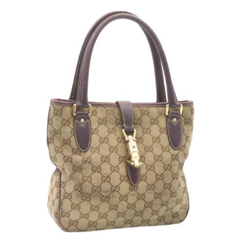 Authentic GUCCI GG Canvas Jackie Hand Bag Beige Purple: This item qualifies for FREE DOMESTIC SHIPPING to customers in the USA Brand: GUCCI Size: W25 x H23 x D8cm(Approx) Color: Beige Country/Region of Manufacture: France Material: Canvas Type: unknown Sty