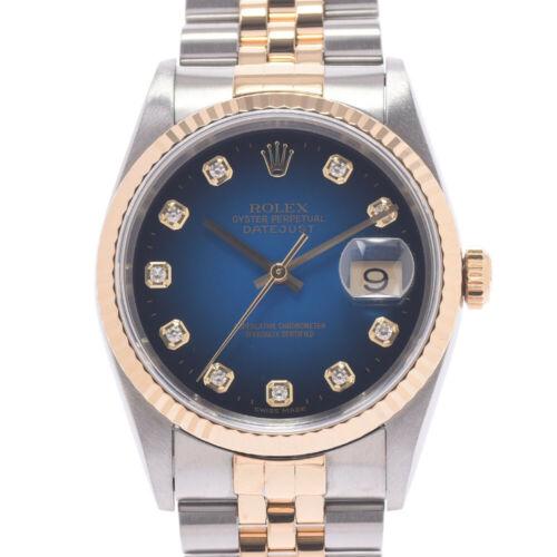 Authentic ROLEX Datejust 10P Diamond 16233G watch: This item qualifies for FREE DOMESTIC SHIPPING to customers in the USA Brand: ROLEX Department: mens Style: watch Movement: Mechanical Automatic Material: YG/Stainless Steel Dial Color: Blue gradation