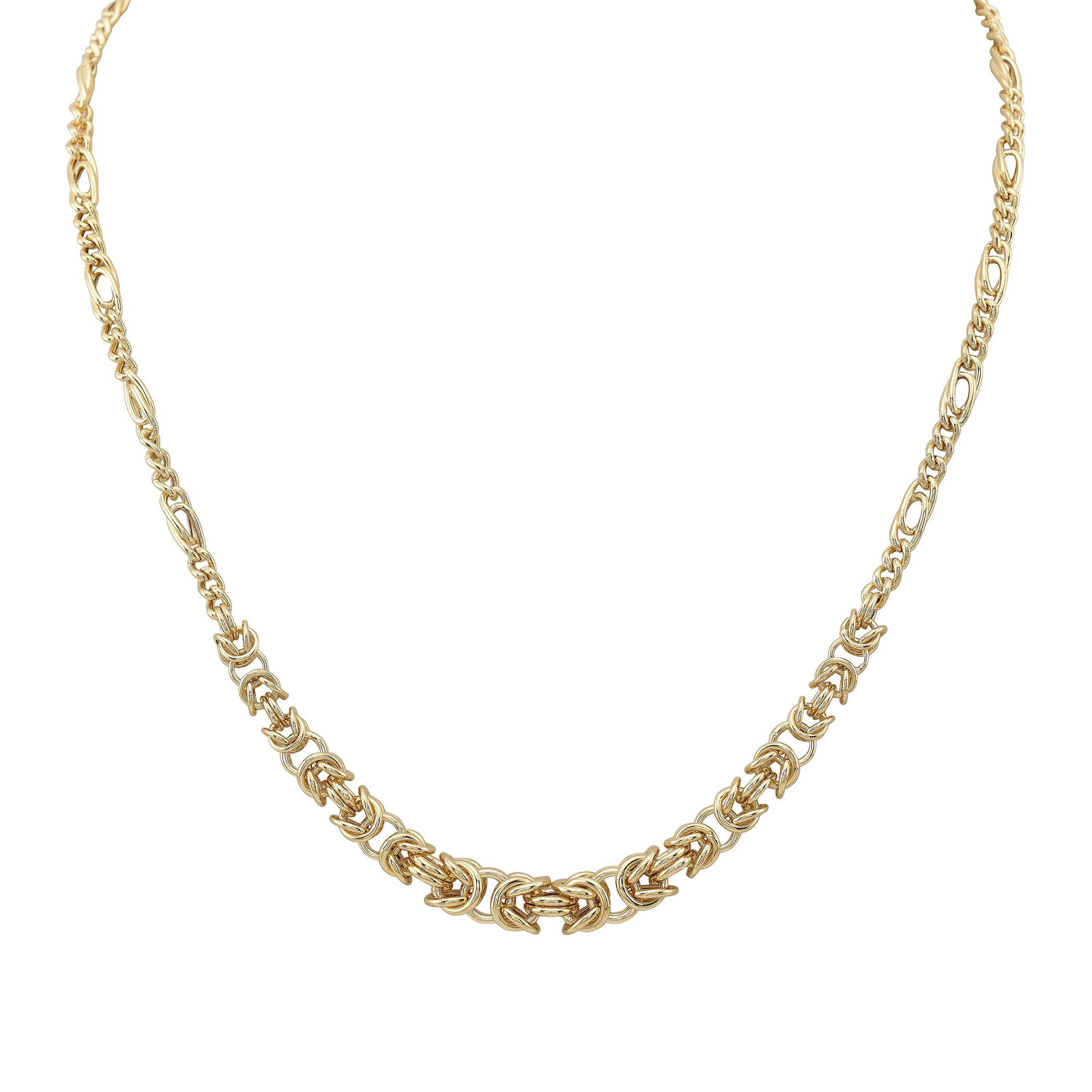 14k Yellow Gold Graduated Byzantine Chain Necklace, 18: This item qualifies for FREE DOMESTIC SHIPPING to customers in the USA This Beautiful Graduated Byzantine Chain Necklace Is Handcrafted Of 14k Yellow Gold (9.5 Grams). The 18 Inch Chain Is Woven With 