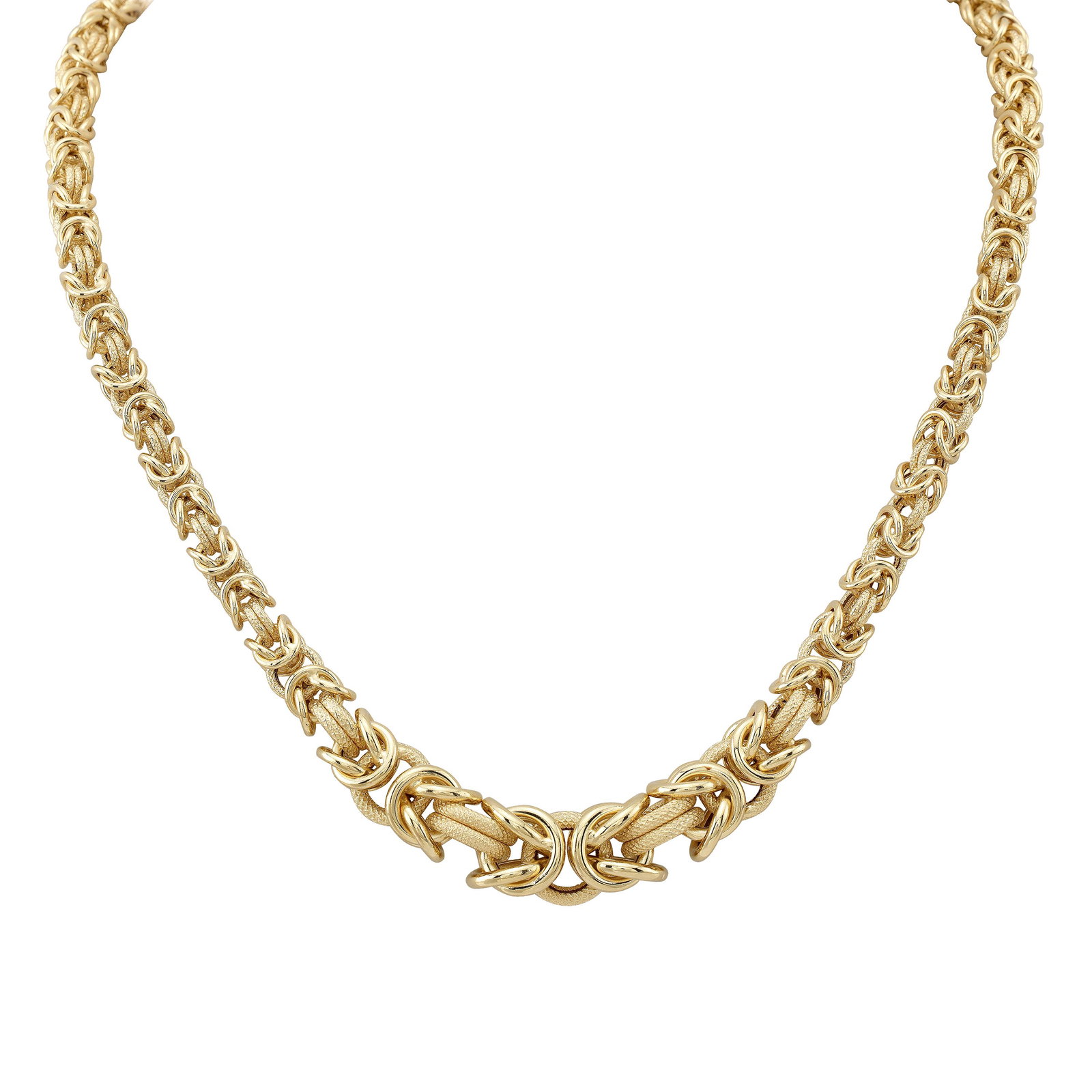 14k Yellow Gold Graduated Textured Byzantine Chain: This item qualifies for FREE DOMESTIC SHIPPING to customers in the USA This Beautiful Graduated Byzantine Chain Necklace Is Handcrafted Of 14k Yellow Gold (20.9 Grams). The Chain Is Woven With Alterna