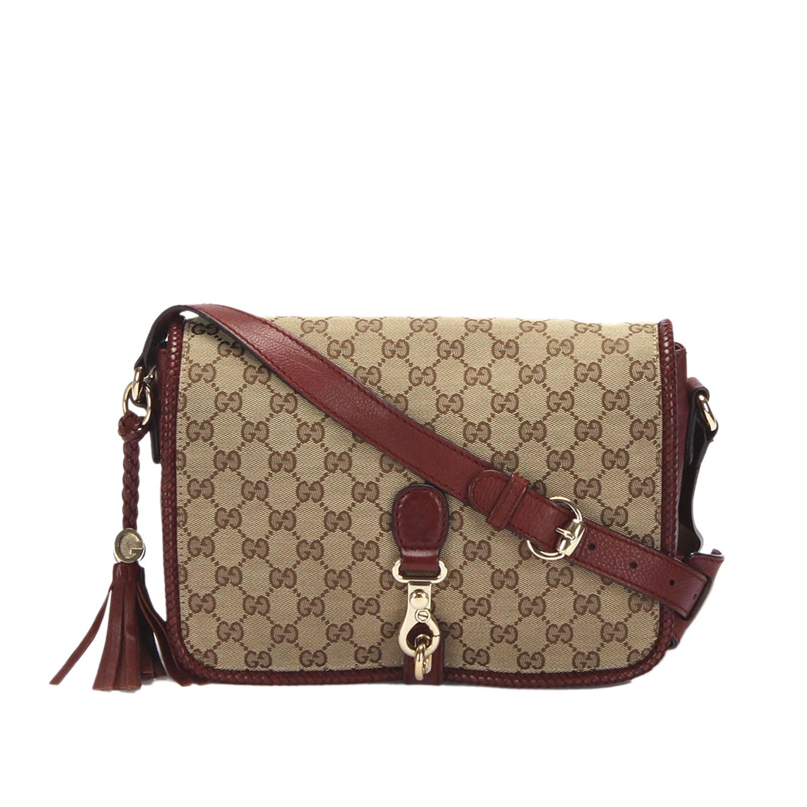 Authentic Gucci GG Canvas Marrakech Crossbody Bag: This item qualifies for FREE DOMESTIC SHIPPING to customers in the USA This crossbody bag features a canvas body a flat leather strap a front flap with metal clasp closure and interior zip and slip po