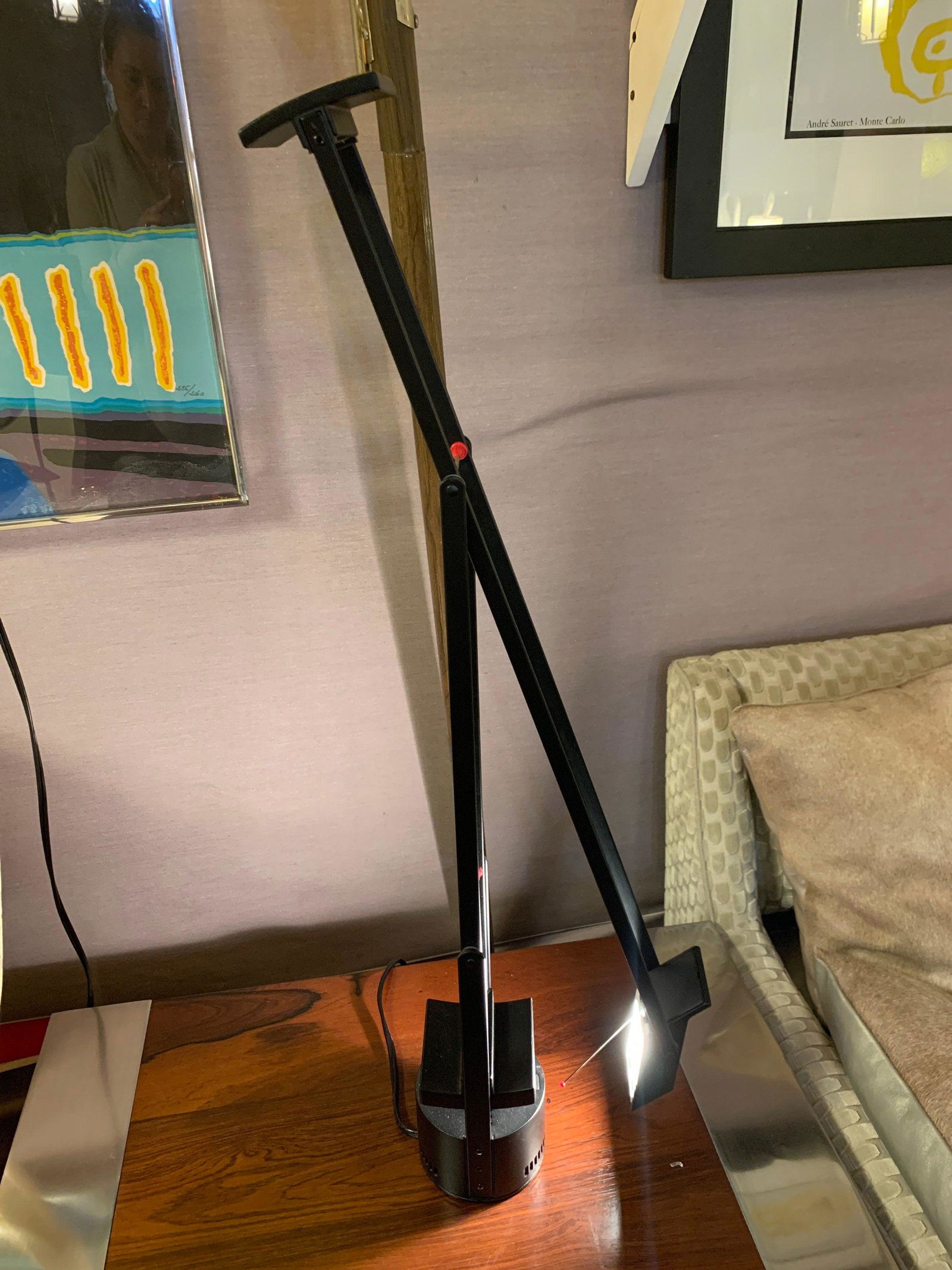 TIZIO Classic Black Desk Lamp By Richard Sapper For: TIZIO Classic Black Desk Lamp By Richard Sapper For Artemide Bulb: 1 x JC/GY6.35 (bipin)/50W/12V Halogen Bulb Included Circa 1970 H 26 W 31” L 42.5” Good vintage condition