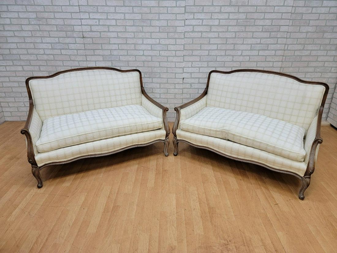 Vintage French Provincial Walnut Frame Parlor Settees -: Vintage French Provincial Newly Down Filled Upholstered Walnut Frame Parlor Settees - Pair This Fantastic pair of French Country Walnut Framed Settee's have been Newly Dressed in a High-end Down-F