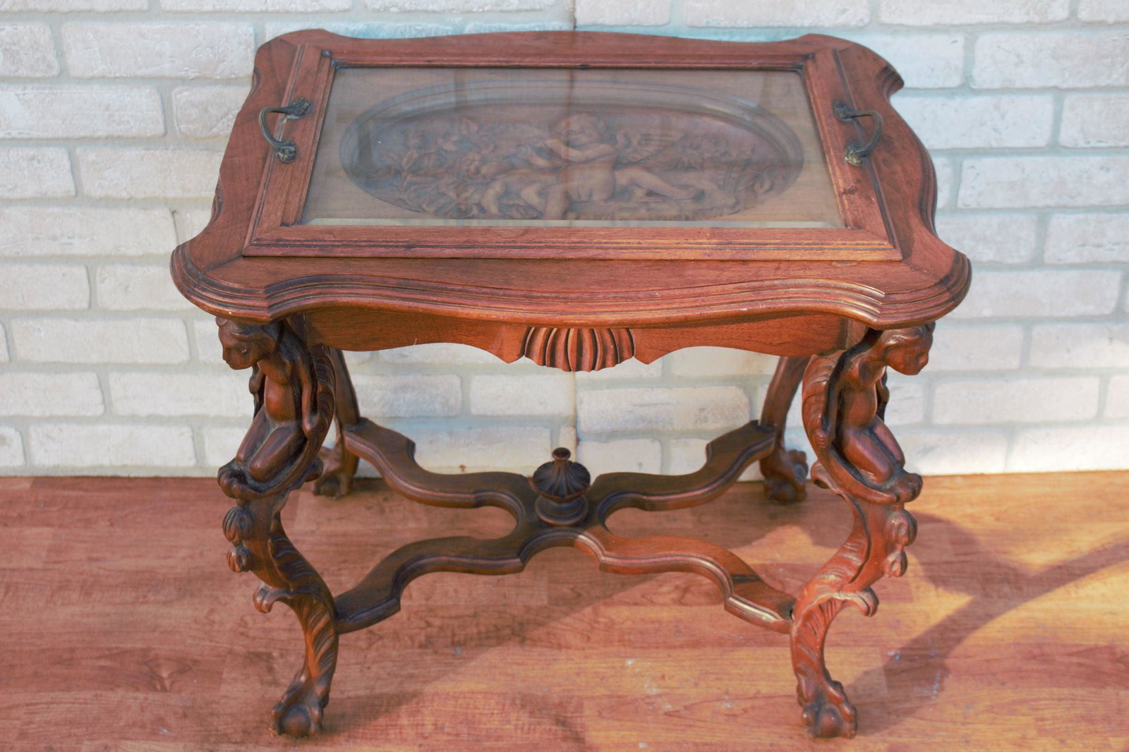 French Renaissance Carved Ornate Glass Top Tray Coffee: French Renaissance Style Beveled Glass Top Tray Coffee Table With Carved Figural Cherubs Angels and Brass Tray Handles Antique French Renaissance Style Walnut & Glass Top Tray Coffee Table with Carved