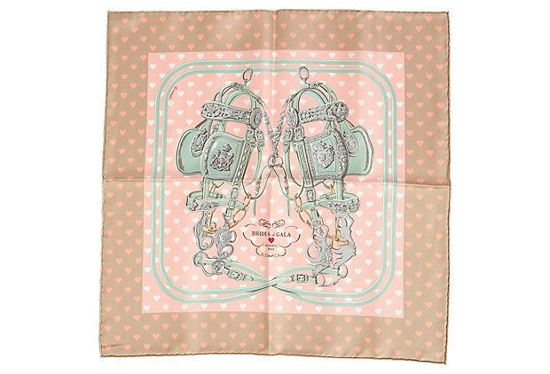 Authentic Hermes Taupe Brides de Gala Love Scarf: This item qualifies for FREE DOMESTIC SHIPPING to customers in the USA Condition: New Era: Contemporary; 2000s Dimensions: 16.5" L x 16.5" W Materials: silk Color: taupe/pink HermÃ¨s taupe Brides de