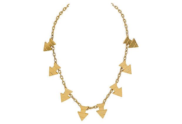 Authentic Pierre Cardin Gold Arrow Necklace: This item qualifies for FREE DOMESTIC SHIPPING to customers in the USA Condition: Very Good; minor scratches Era: Vintage Dimensions: 21" L x 1.25" W x 11" H Materials: rhodium Color: gold Pierre Card