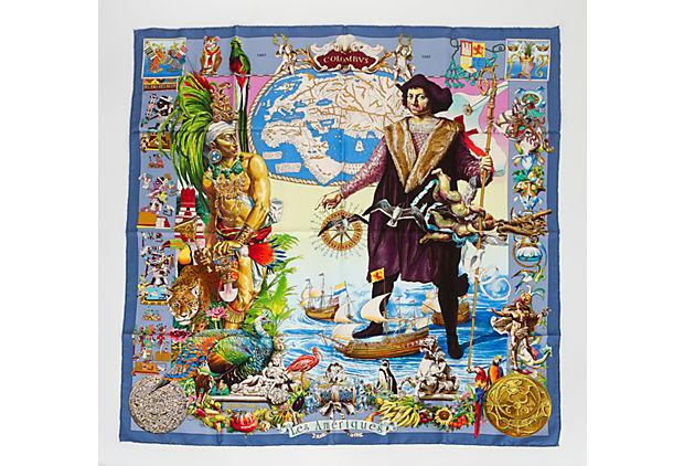 Authentic Hermes Blue Les Ameriques Silk Scarf: This item qualifies for FREE DOMESTIC SHIPPING to customers in the USA Condition: Excellent Era: Contemporary; 2000s Dimensions: 35" L x 35" W Materials: silk Color: blue celeste HermÃ¨s blue silk t