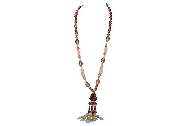 Authentic Vrba Amethyst Pastel Tassel Necklace: This item qualifies for FREE DOMESTIC SHIPPING to customers in the USA Condition: New Era: Contemporary; 2000s Dimensions: 29.5" L x 0.5" W Materials: glass metal Color: purple pink green Lawrence Vrb