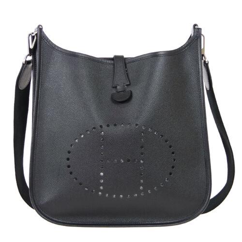 Authentic HERMES EVELYNE PM Shoulder Bag: This item qualifies for FREE DOMESTIC SHIPPING to customers in the USA Size: Medium Features: Inner Pockets Detachable Strap Accents: Logo Color: Black Model: EVELYNE PM Year Manufactured: 2000-2009 C