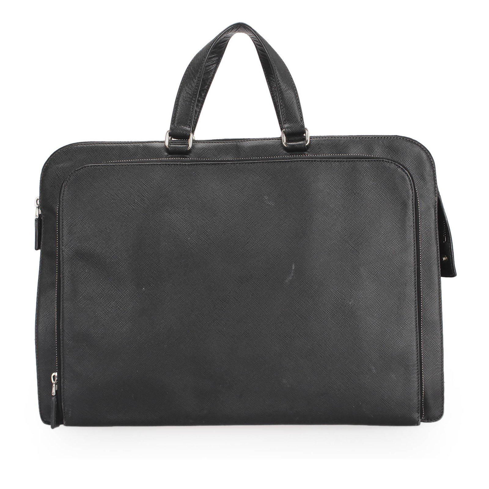 Authentic Prada Saffiano Business Bag: This item qualifies for FREE DOMESTIC SHIPPING to customers in the USA This business bag features a saffiano leather body flat leather handles a top zip closure and interior zip and slip pockets. Bran