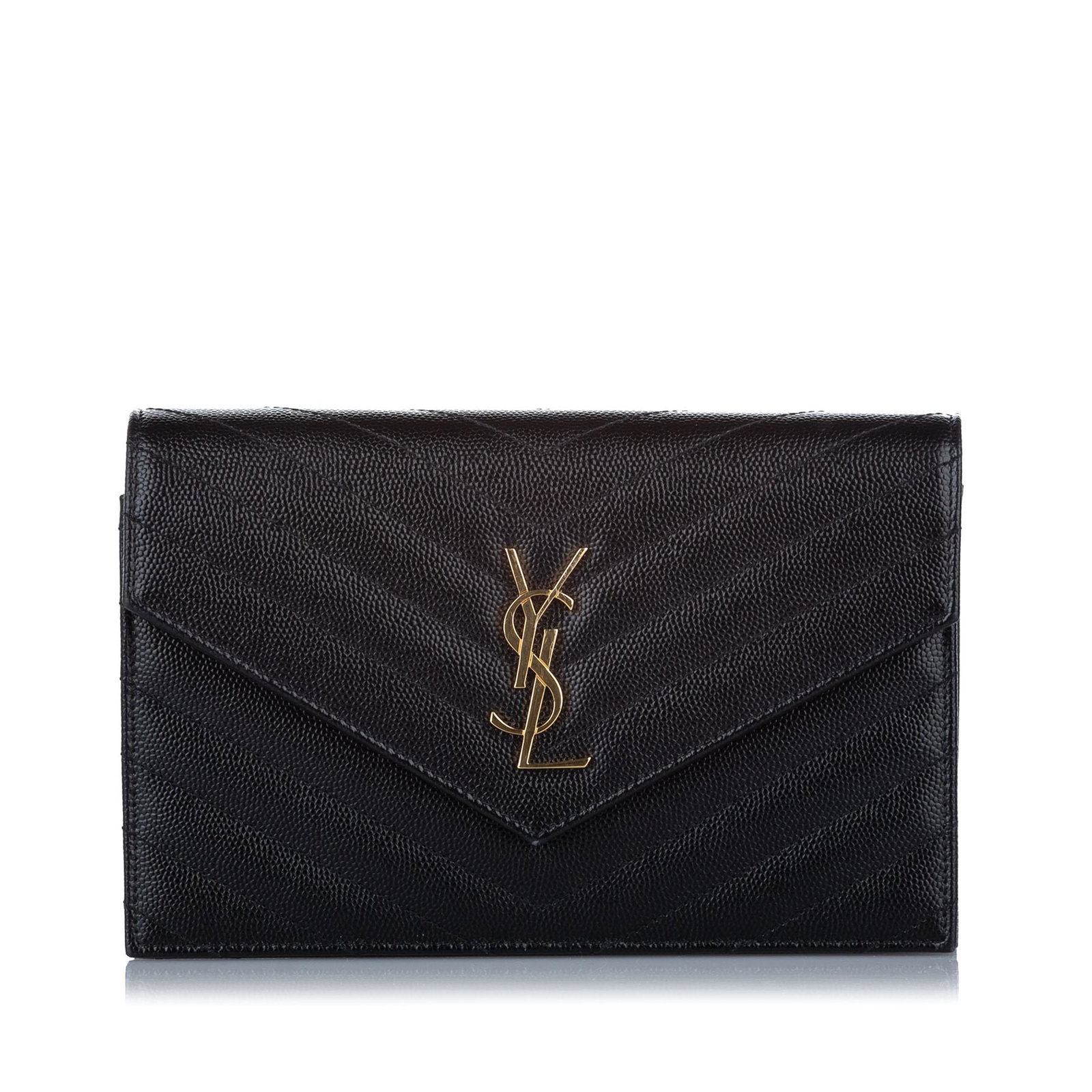 Authentic YSL Chevron Monogram Leather Wallet on Chain: This item qualifies for FREE DOMESTIC SHIPPING to customers in the USA This wallet on chain features a quilted leather body with gold-tone hardware a curb chain strap a front flap with magnetic snap c