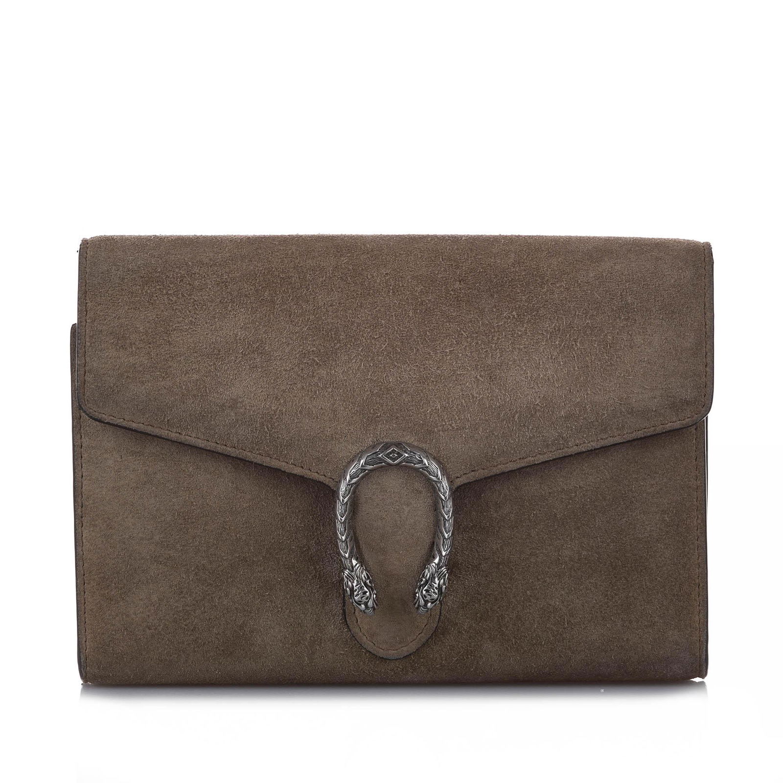 Authentic Gucci Dionysus Suede Leather Shoulder Bag: This item qualifies for FREE DOMESTIC SHIPPING to customers in the USA This shoulder bag features a suede leather body silver-tone chain straps a front flap with a magnetic closure and an interior zip