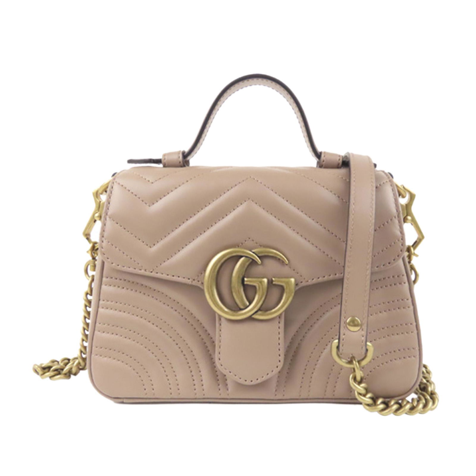 Authentic Gucci Mini GG Marmont Leather Satchel: This item qualifies for FREE DOMESTIC SHIPPING to customers in the USA The Marmont Satchel features a quilted leather body a flat leather top handle a curb chain strap a front flap with a magnetic sna