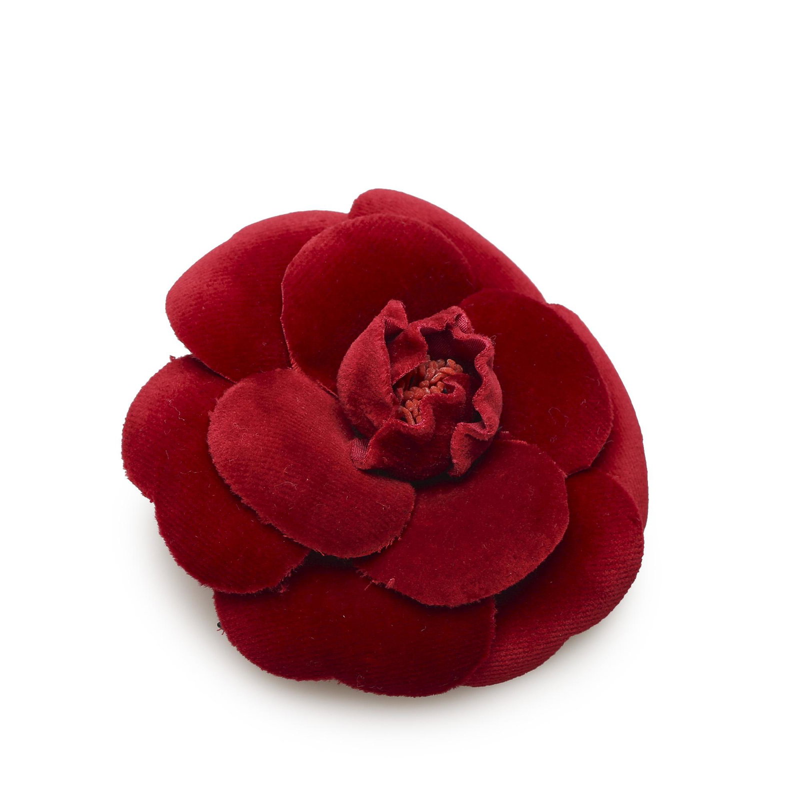 Authentic Chanel Camellia Velour Brooch: This item qualifies for FREE DOMESTIC SHIPPING to customers in the USA This brooch features a velour Camellia and a back pin closure. Brand: Chanel Model: Camellia Velour Brooch Origin: France Categor