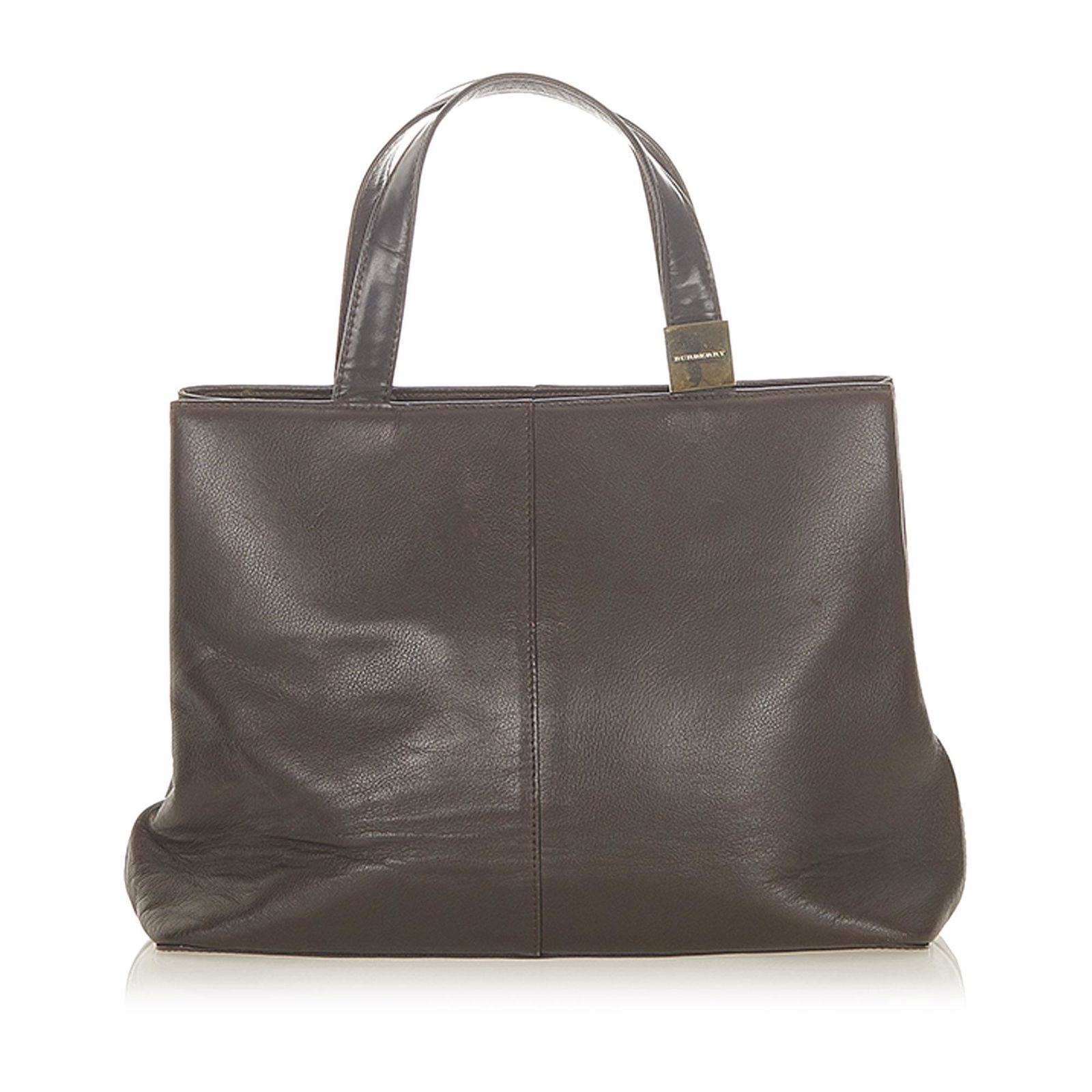 Authentic Burberry Leather Handbag: This item qualifies for FREE DOMESTIC SHIPPING to customers in the USA This handbag features a leather body flat leather handles a top zip closure and interior zip and slip pockets. Brand: Burberry Mo