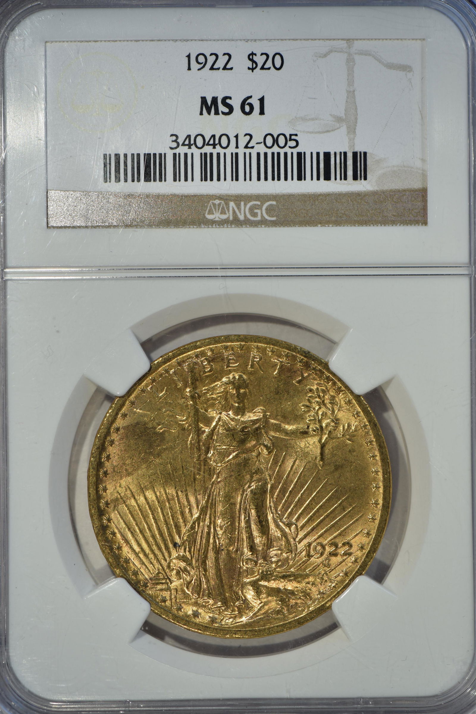 $20 Saint Gauden: Grade: MS61 $20 Gold Saint Gauden dates range from 1907-1928 Designer Augustus Saint-Gauden; weight 33.436 grams: composition .900 gold .100 copper (net weight .96750 oz pure gold) diameter 34mm; edge