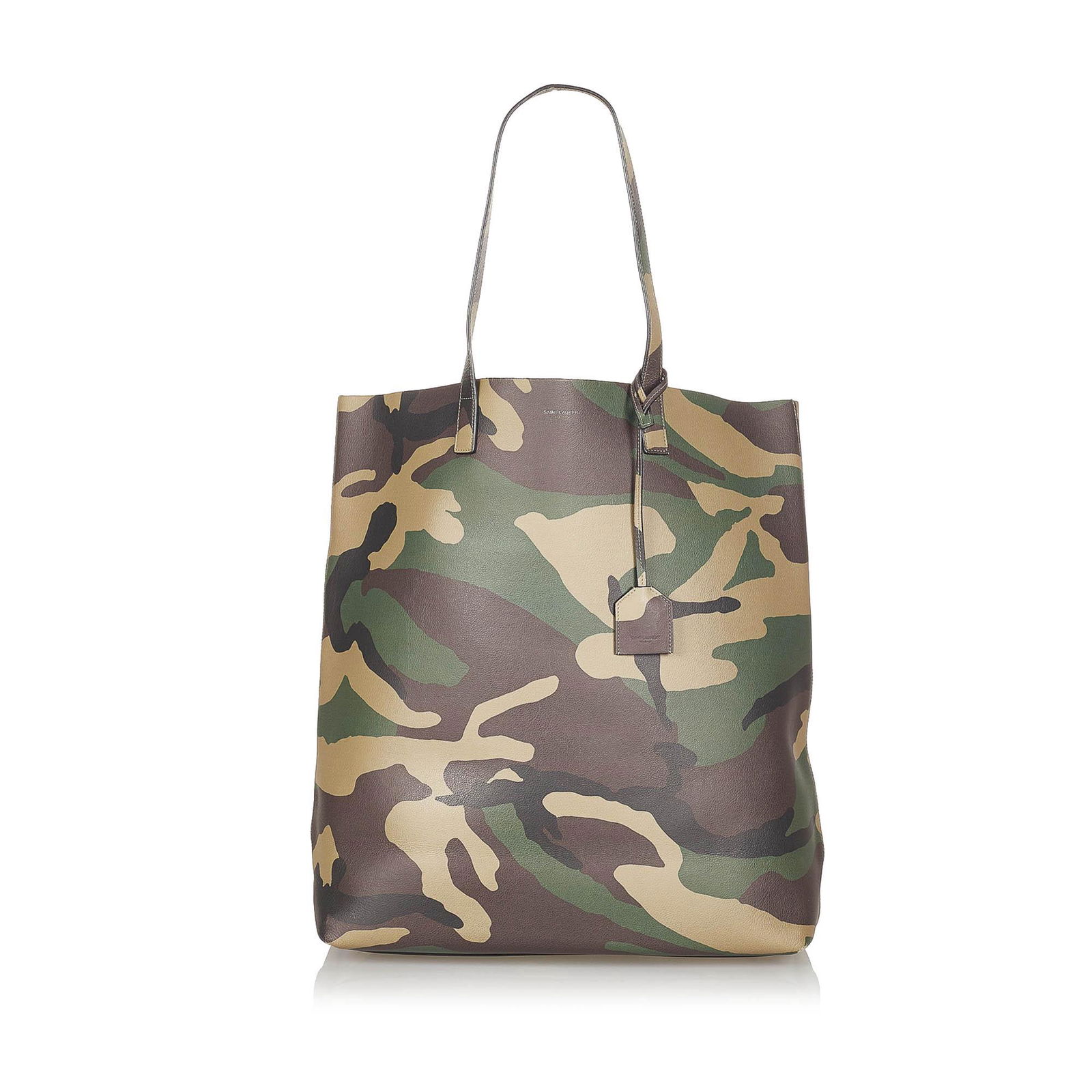 Authentic YSL Camouflage Leather Tote Bag: This item qualifies for FREE DOMESTIC SHIPPING to customers in the USA This tote bag features a printed leather body flat handles and an open top. Brand: YSL Model: Camouflage Leather Tote Bag Origin: