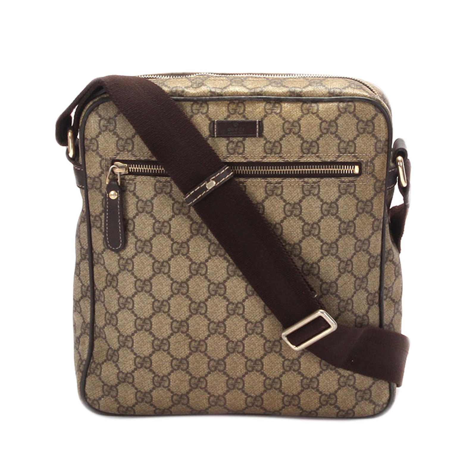 Authentic Gucci GG Supreme Crossbody Bag: This item qualifies for FREE DOMESTIC SHIPPING to customers in the USA This crossbody bag features a coated canvas body with leather trim a flat strap a top zip closure an exterior front zip pocket an