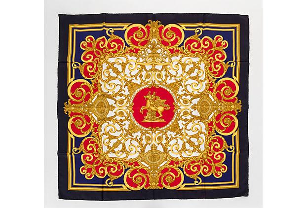 Authentic Hermes Les Tuileries Silk Twill Scarf: This item qualifies for FREE DOMESTIC SHIPPING to customers in the USA Condition: Excellent Era: Contemporary; 2000s Dimensions: 35" L x 35" W Materials: silk Color: blue red gold Hermes 100% silk Les