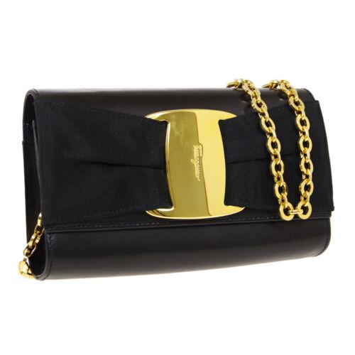 Authentic Salvatore Ferragamo Vara Bow Chain Shoulder: This item qualifies for FREE DOMESTIC SHIPPING to customers in the USA Size: Medium Features: Chain Strap Detachable Strap Inner Pockets Accents: Bow Logo Color: Black Model: Salvatore Ferragamo Vara
