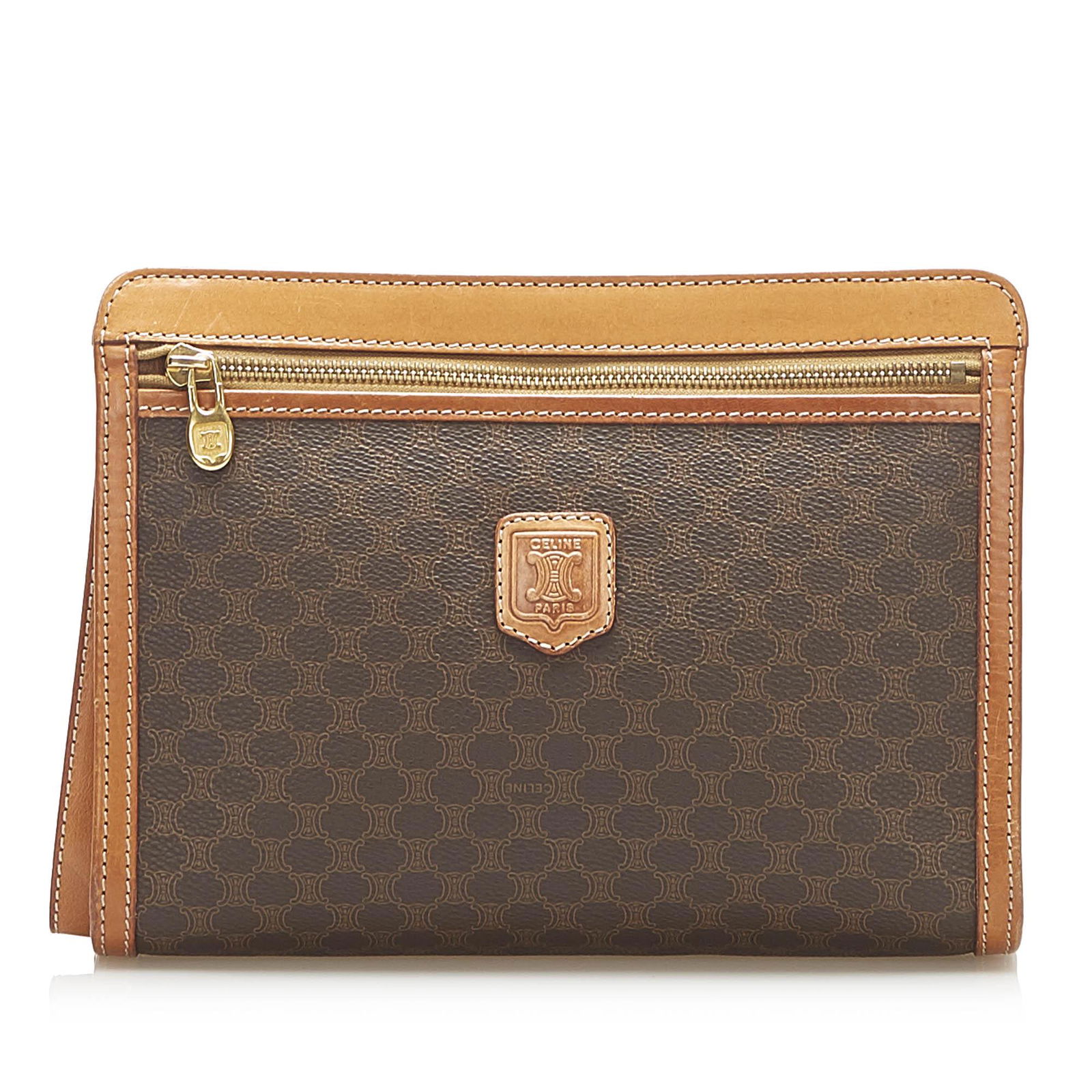 Authentic Celine Macadam Clutch Bag: This item qualifies for FREE DOMESTIC SHIPPING to customers in the USA The Macadam clutch bag features a pvc body with leather trim an exterior front zip pocket a top zip closure and an interior zip a