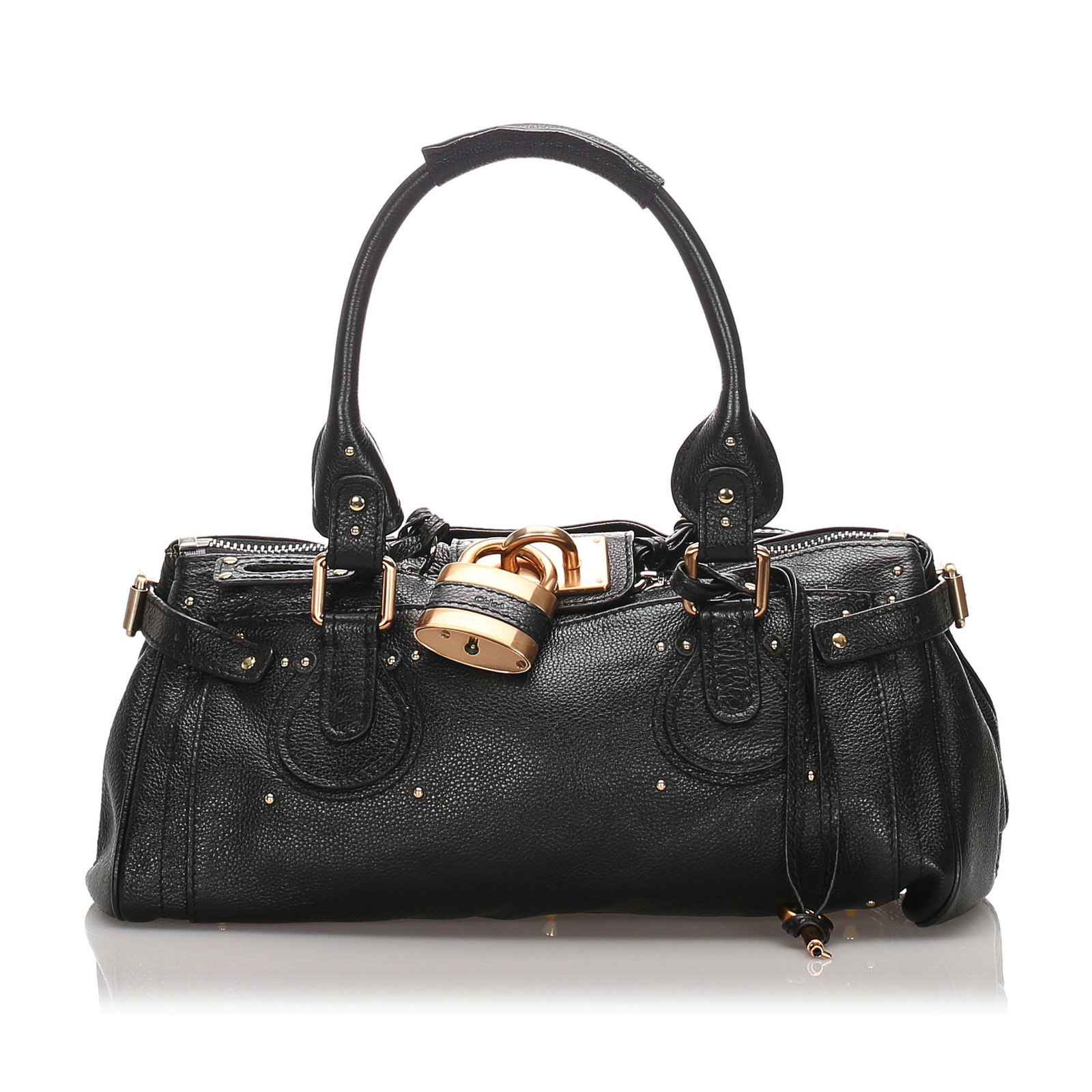 Authentic Chloe Leather Paddington Handbag: This item qualifies for FREE DOMESTIC SHIPPING to customers in the USA The Paddington handbag features a leather body a rolled leather handles a gold-tone padlock detail a top zip closure and an inter