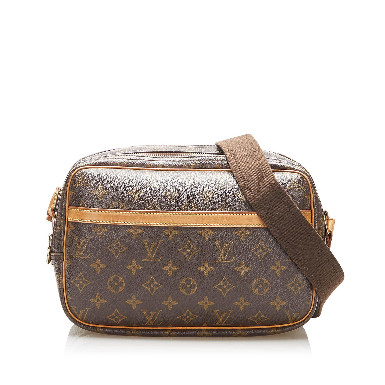 Authentic Louis Vuitton Monogram Reporter PM: This item qualifies for FREE DOMESTIC SHIPPING to customers in the USA The Reporter PM features a monogram canvas body with leather trim a front exterior slip pocket an adjustable flat strap double co