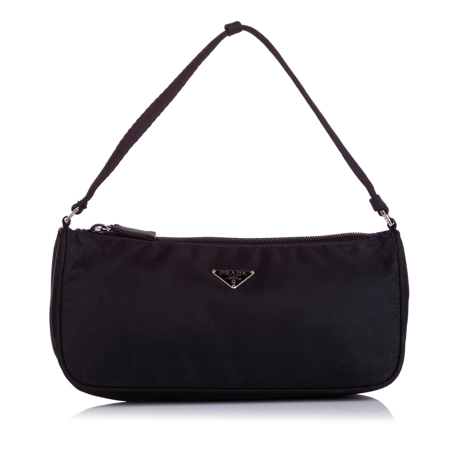 Authentic Prada Tessuto Baguette: This item qualifies for FREE DOMESTIC SHIPPING to customers in the USA This baguette features a nylon body a flat strap and a top zip closure. Brand: Prada Model: Tessuto Baguette Origin: Italy Catego