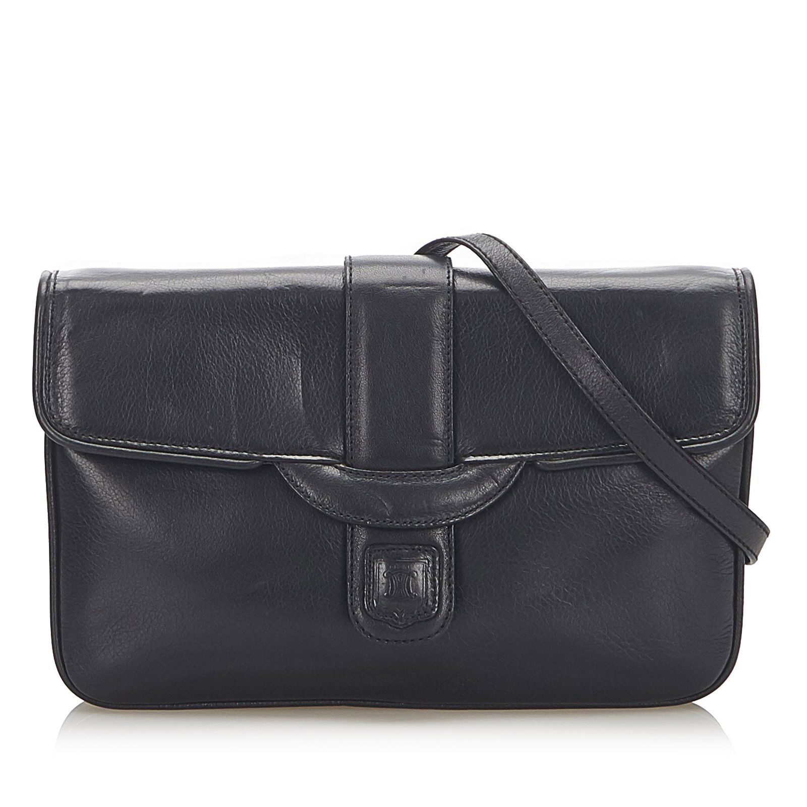 Authentic Celine Leather Crossbody Bag: This item qualifies for FREE DOMESTIC SHIPPING to customers in the USA This crossbody bag features a leather body a flat strap a front flap with slip-through closure and an interior zip pocket. Brand: