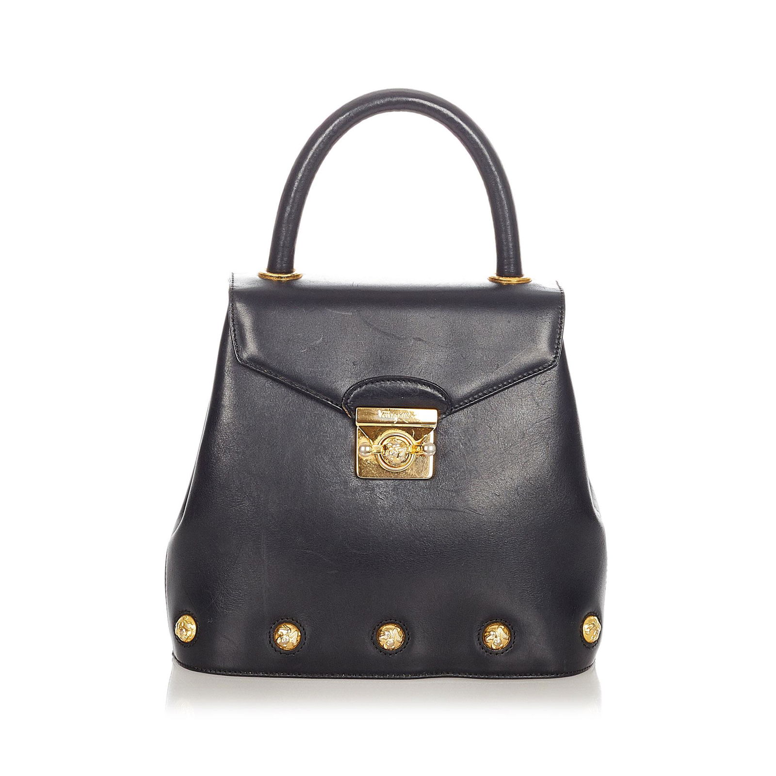 Authentic Ferragamo Studded Leather Handbag: This item qualifies for FREE DOMESTIC SHIPPING to customers in the USA This handbag features a studded leather body a rolled leather top handle a front flap with a metal closure and an interior zip po