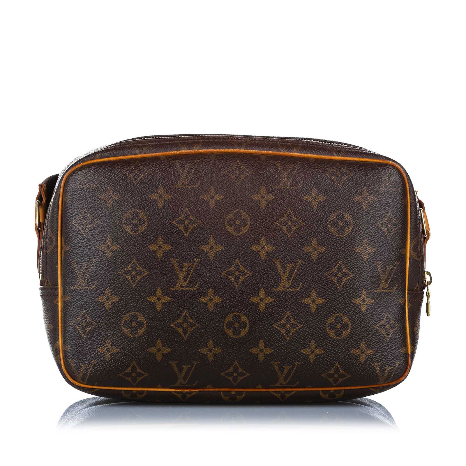 Authentic Louis Vuitton Monogram Reporter PM: This item qualifies for FREE DOMESTIC SHIPPING to customers in the USA The Reporter PM features a monogram canvas body with leather trim a front exterior slip pocket an adjustable flat strap double co