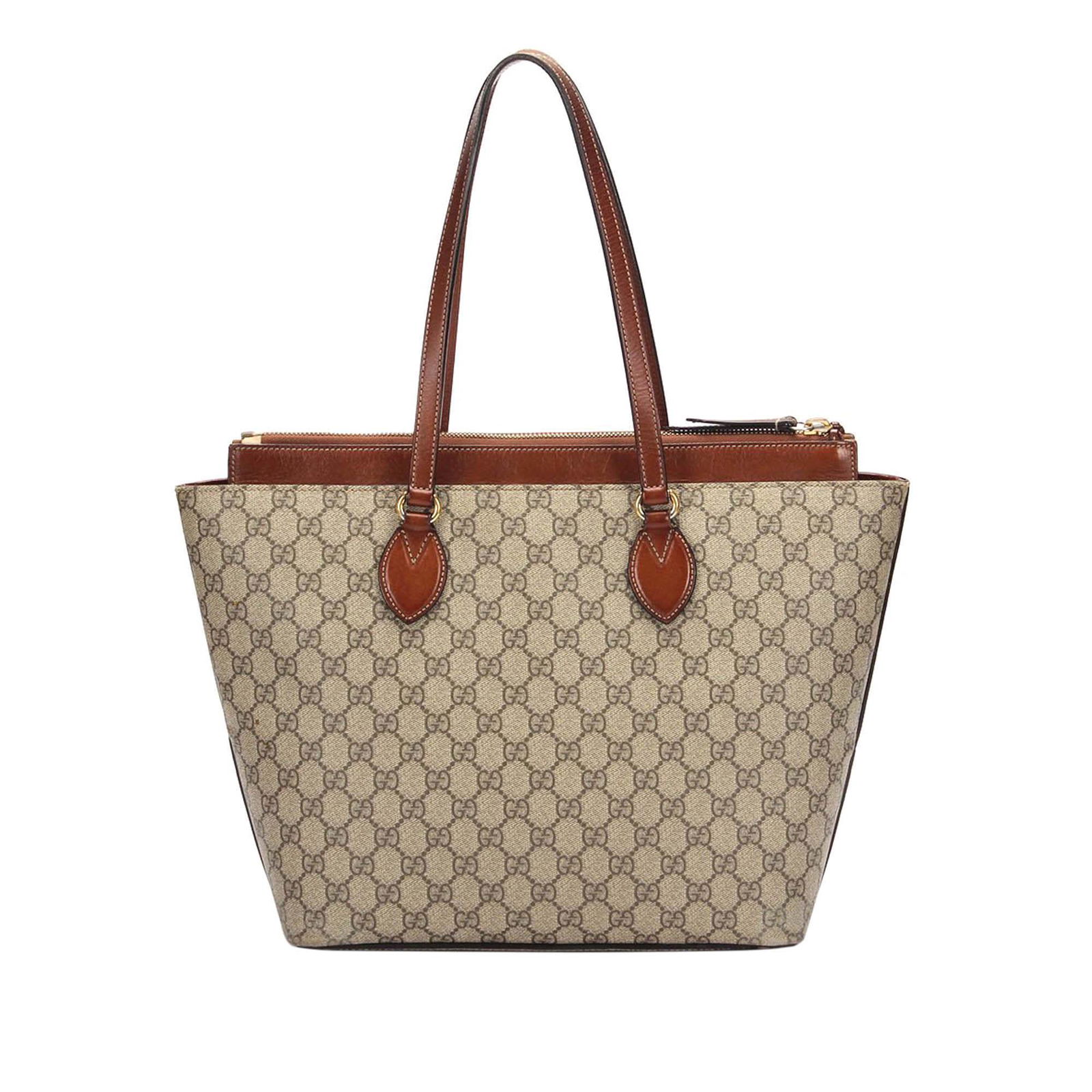 Authentic Gucci GG Supreme Tote Bag: This item qualifies for FREE DOMESTIC SHIPPING to customers in the USA The GG Supreme tote bag features a coated canvas body flat leather handles a top zip closure and interior zip and slip pockets. B