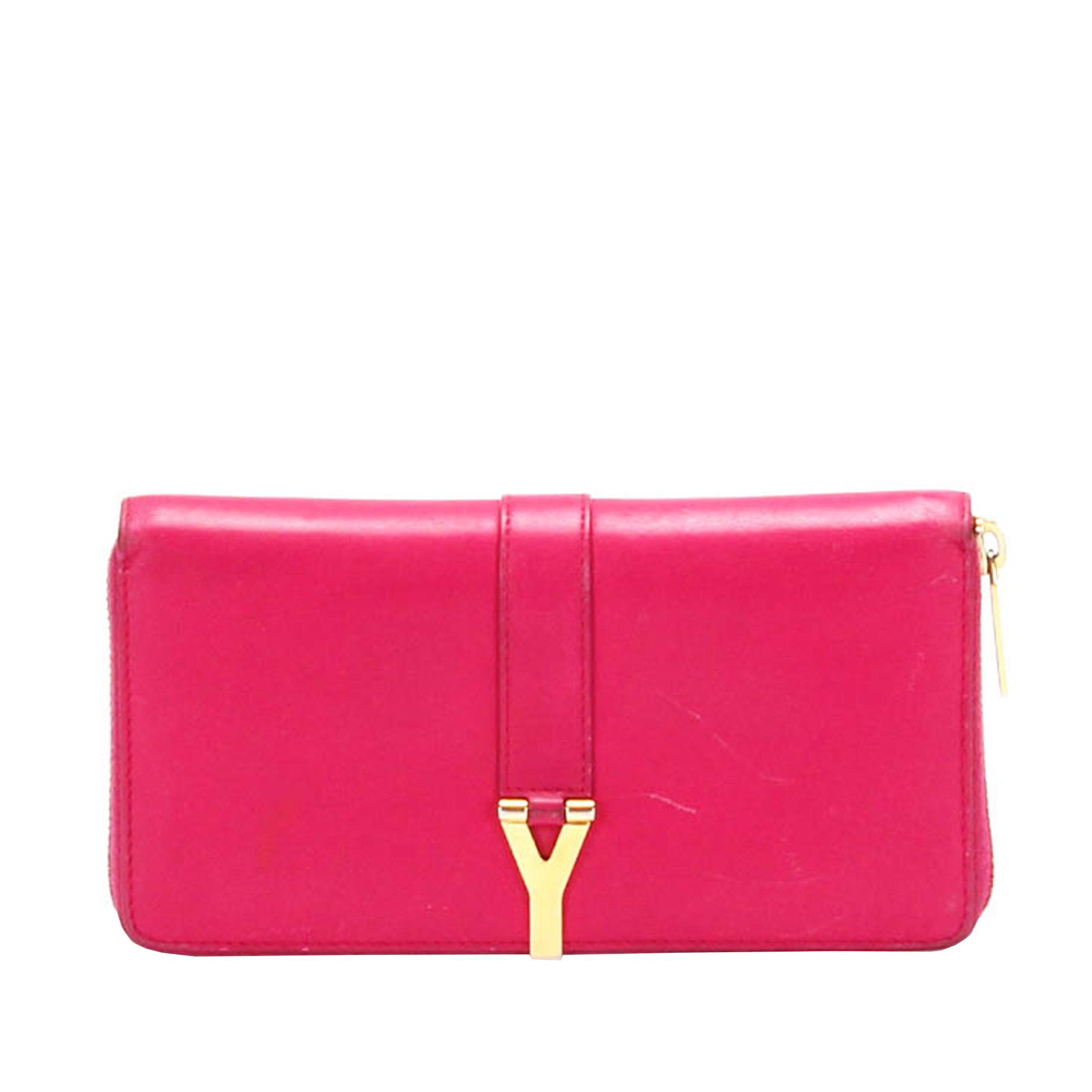 Authentic YSL Y Line Leather Long Wallet: This item qualifies for FREE DOMESTIC SHIPPING to customers in the USA This long wallet features a leather body a flap with gold-tone magnetic closure an interior zip compartment and slip pockets. Bra