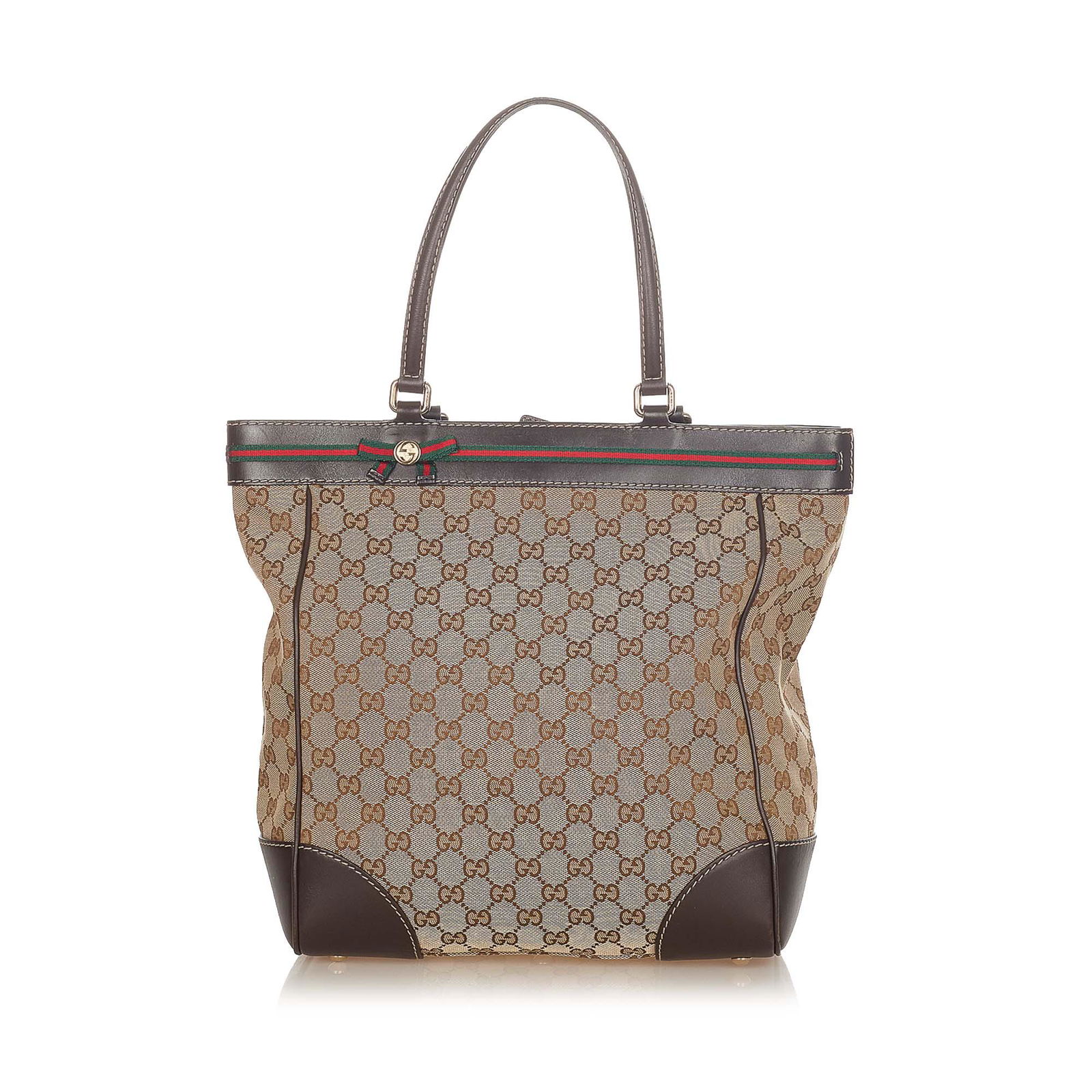 Authentic Gucci GG Canvas Mayfair Tote Bag: This item qualifies for FREE DOMESTIC SHIPPING to customers in the USA The Mayfair tote bag features a canvas body with leather trim flat leather straps web and ribbon detail at top panel a top magnet