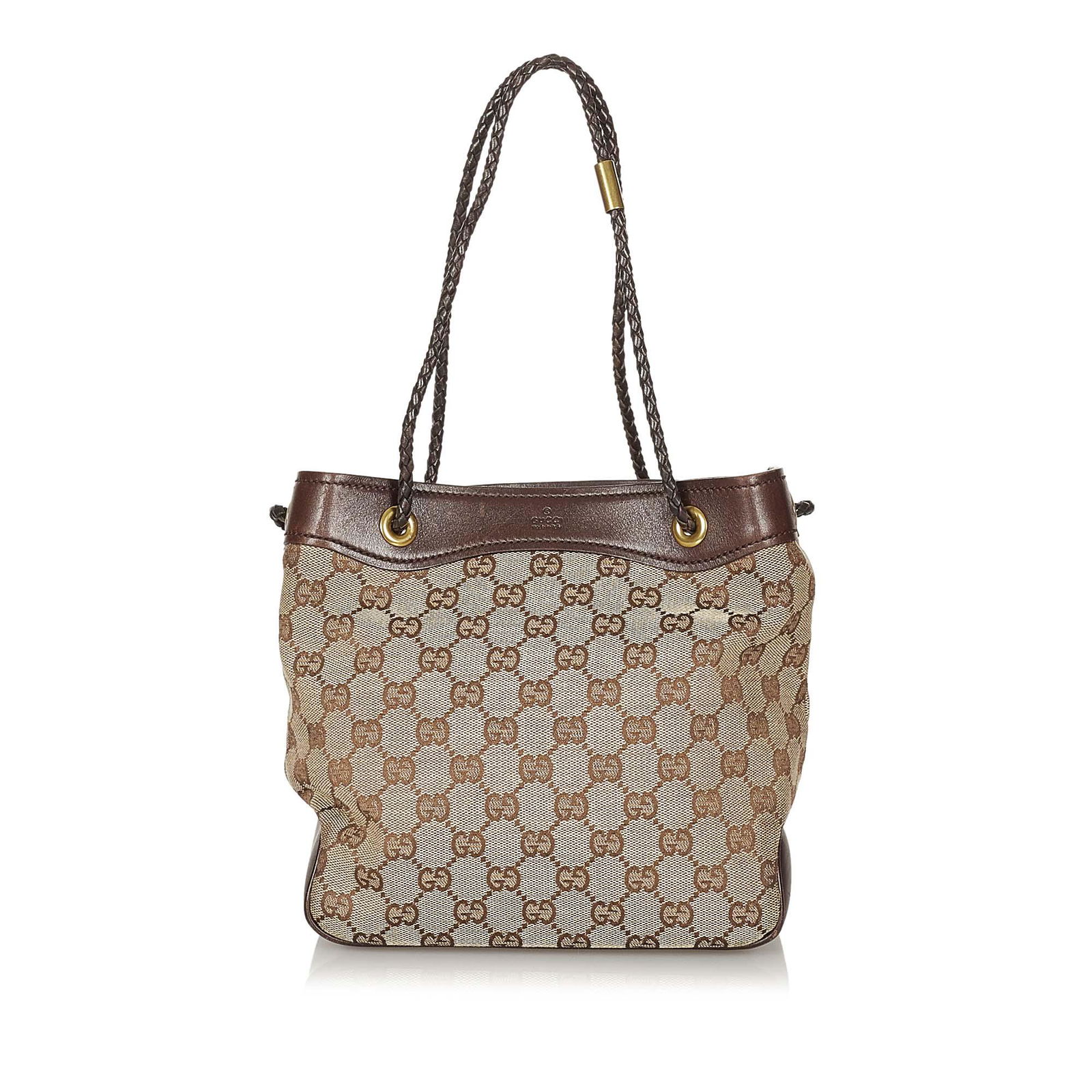 Authentic Gucci GG Canvas Shoulder Bag: This item qualifies for FREE DOMESTIC SHIPPING to customers in the USA This shoulder bag features a canvas body with leather trim a braided leather strap an open top with a drawstring closure and an i